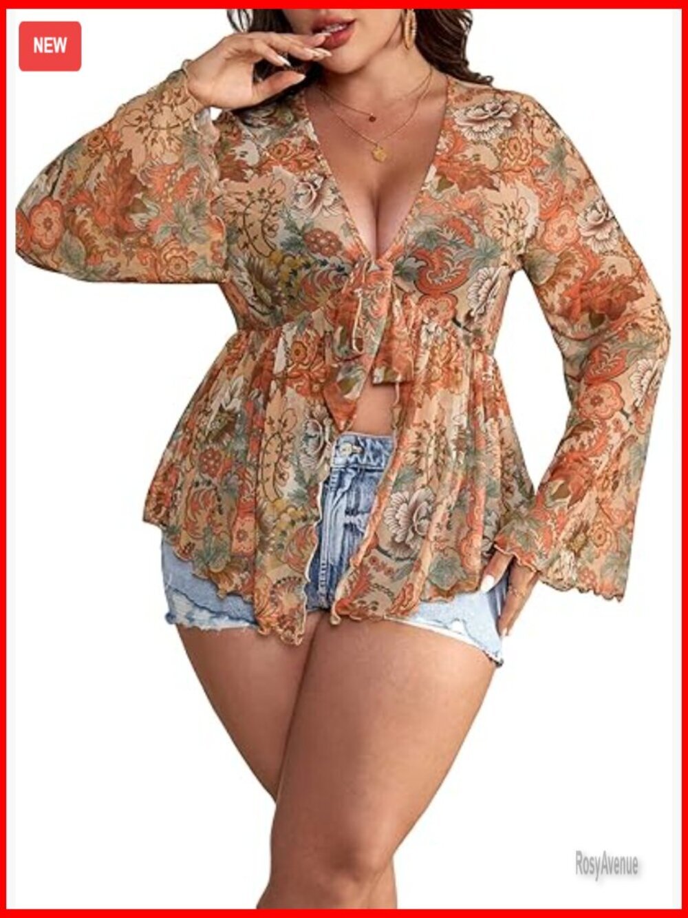 Plus Size V-Neck Bell Long Sleeve Tie Front Boho Tee